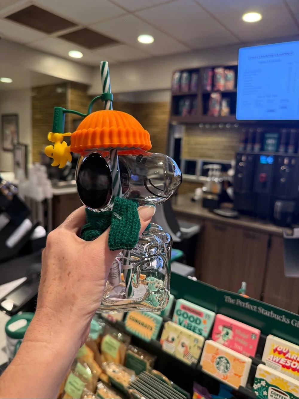 Starbucks Snoopy glass tumbler with orange hat and green scarf #snoopy #peanuts
